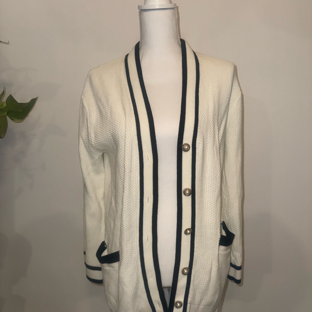 White Cardigan with Black Trim